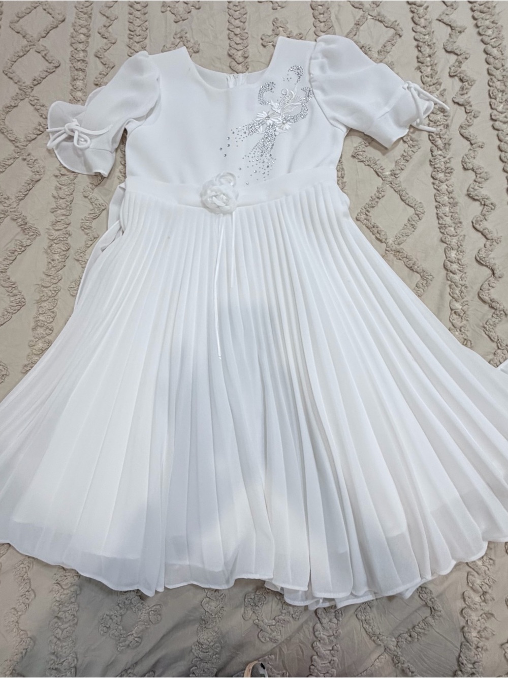White Pleated Girls' Formal Dress with Floral Waist Accent